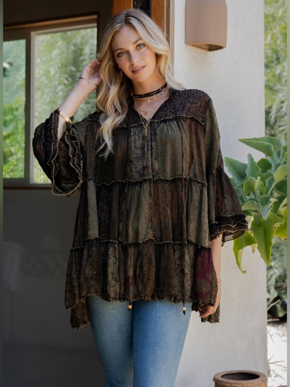 YOUNG THREADS Tiered Textured Boho Pull Over V-Neck Blouse